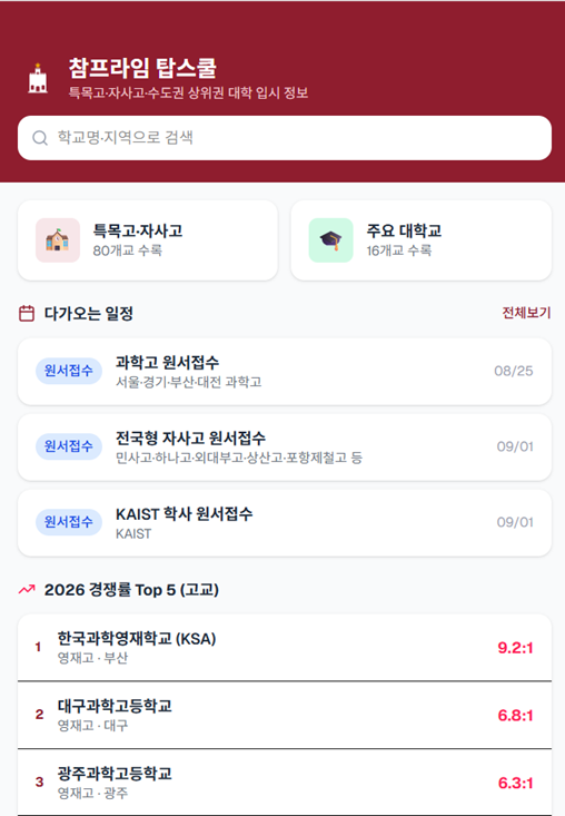 참프라임 탑스쿨 화면